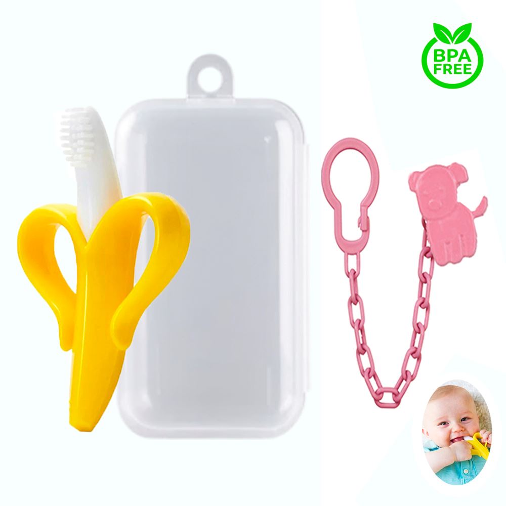 Mordedor Banana Amarillo Con Cadena Baby Froggie Perrito Rosado Para Bebe